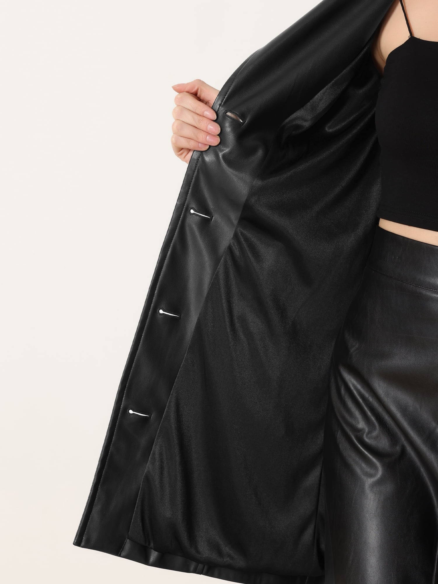 Faux Leather Coat for Women'S Notched Lapel Collar Button down Steampunk PU Outwear XL Black