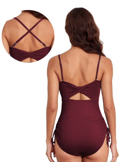 Womens Swimsuits One Piece Tummy Control Swim Suit Drawstring Bathing Suit Ribbed Tie Side Swimming Suits Ruched Square Neck Womens Swimwear Brown 2XL