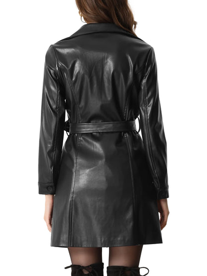 Faux Leather Coat for Women'S Notched Lapel Collar Button down Steampunk PU Outwear XL Black